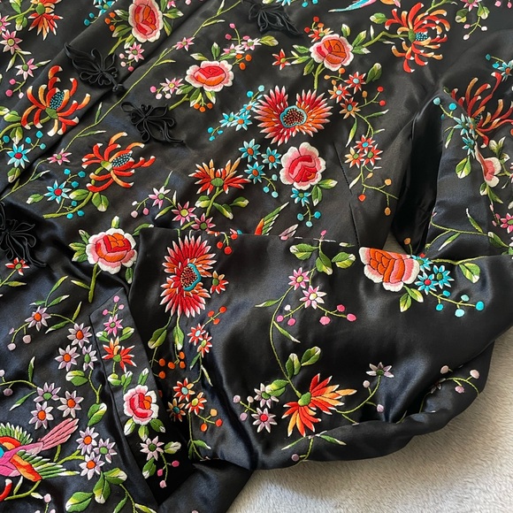 Black Chinese vintage hand embroidery floral birds long jacket coat size xs-s - Picture 5 of 16